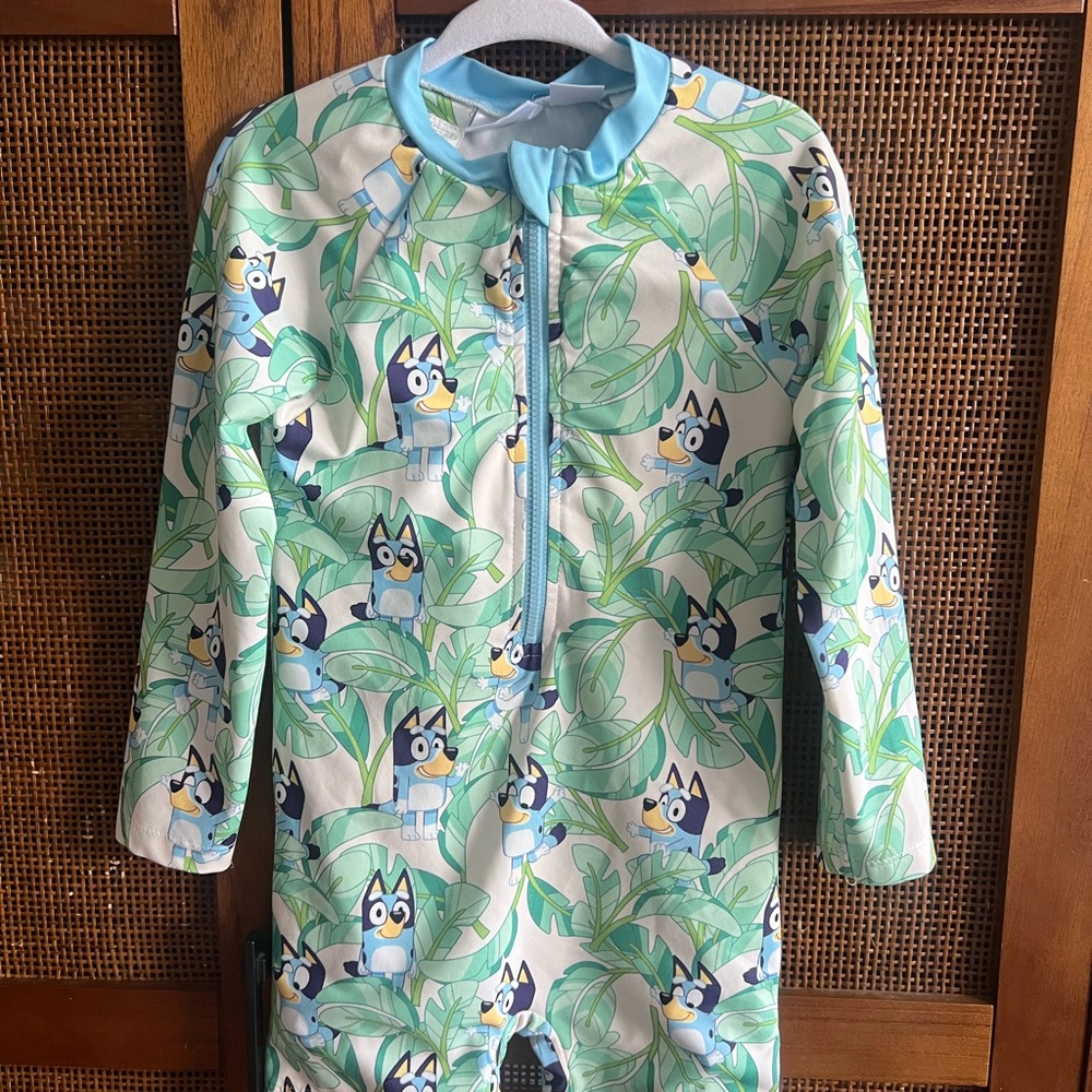 Zara Bluey Long-Sleeve Swim Sunsuit in Light Blue and Green